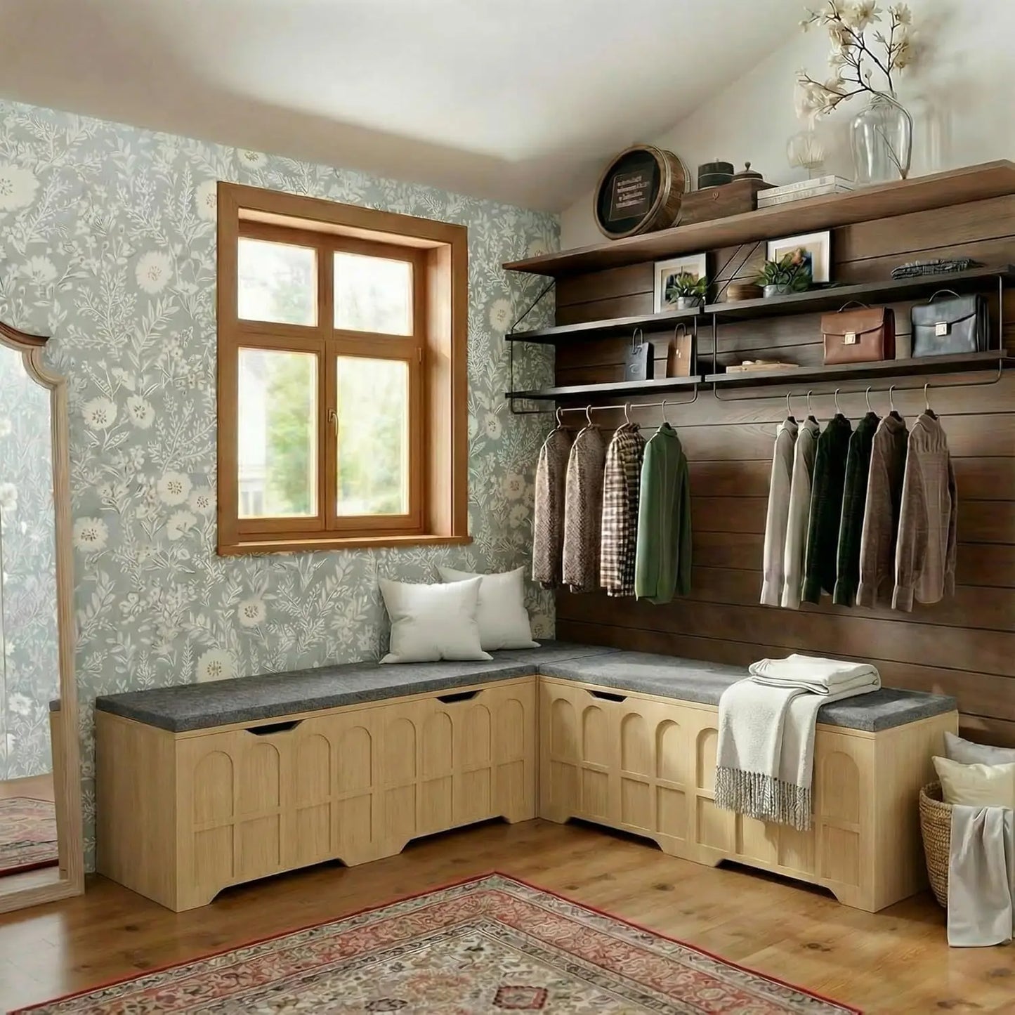 L-Shaped Bench With Cushion And Hidden Storage For Breakfast Nook