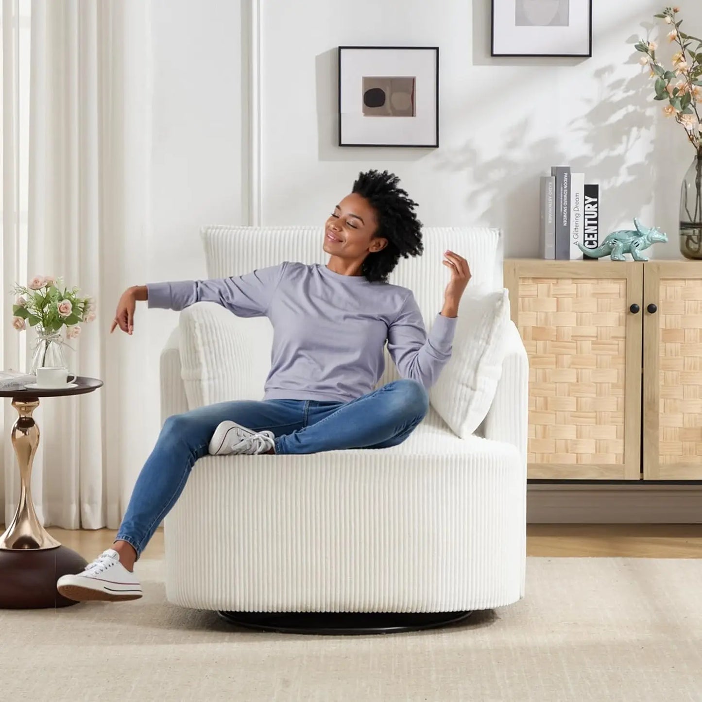 Corduroy Swivel Barrel Chair For Reading Living Room Office