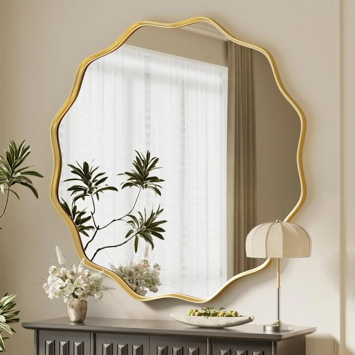 Scalloped Circle Wall Mirror With Tempered Glass Metal Deep Frame
