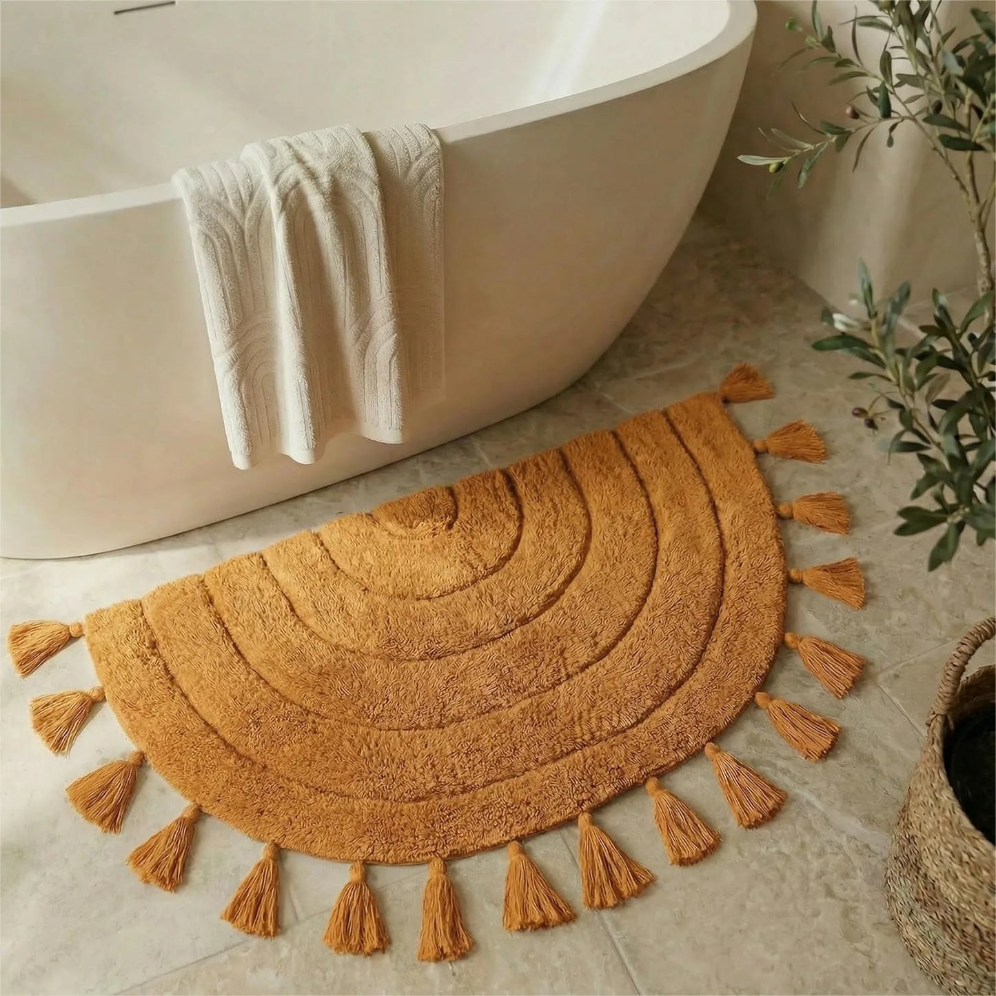 Boho Half Circle Tassel Cotton Bath Rug