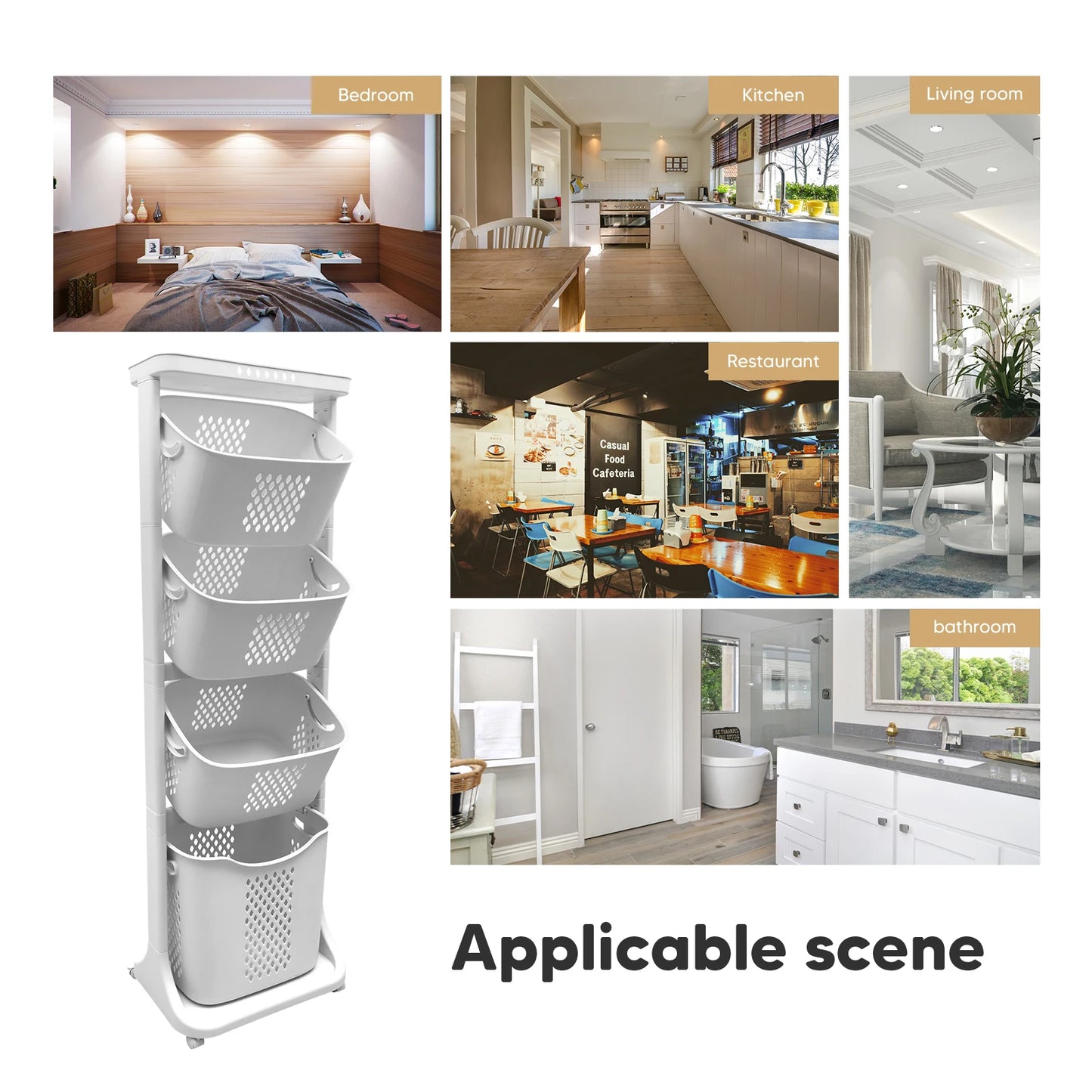 Two To Four Tier Rolling Laundry Cart With Removable Buckets