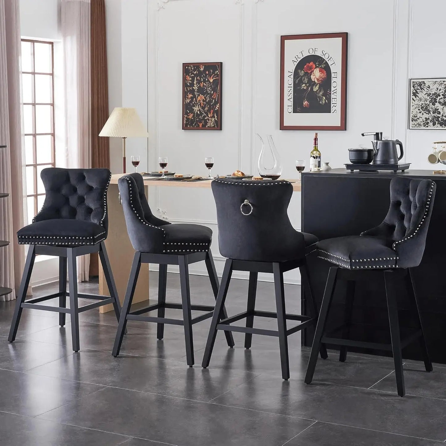 Swivel Bar Stools Set of 4 with Back Velvet Upholstery