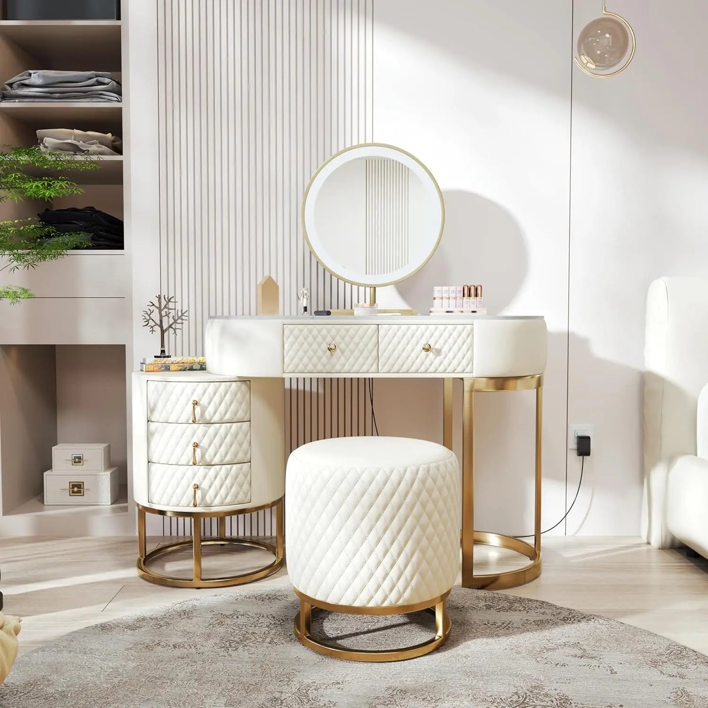 Modern Faux Leather Vanity Desk With HD Mirror And Lighting