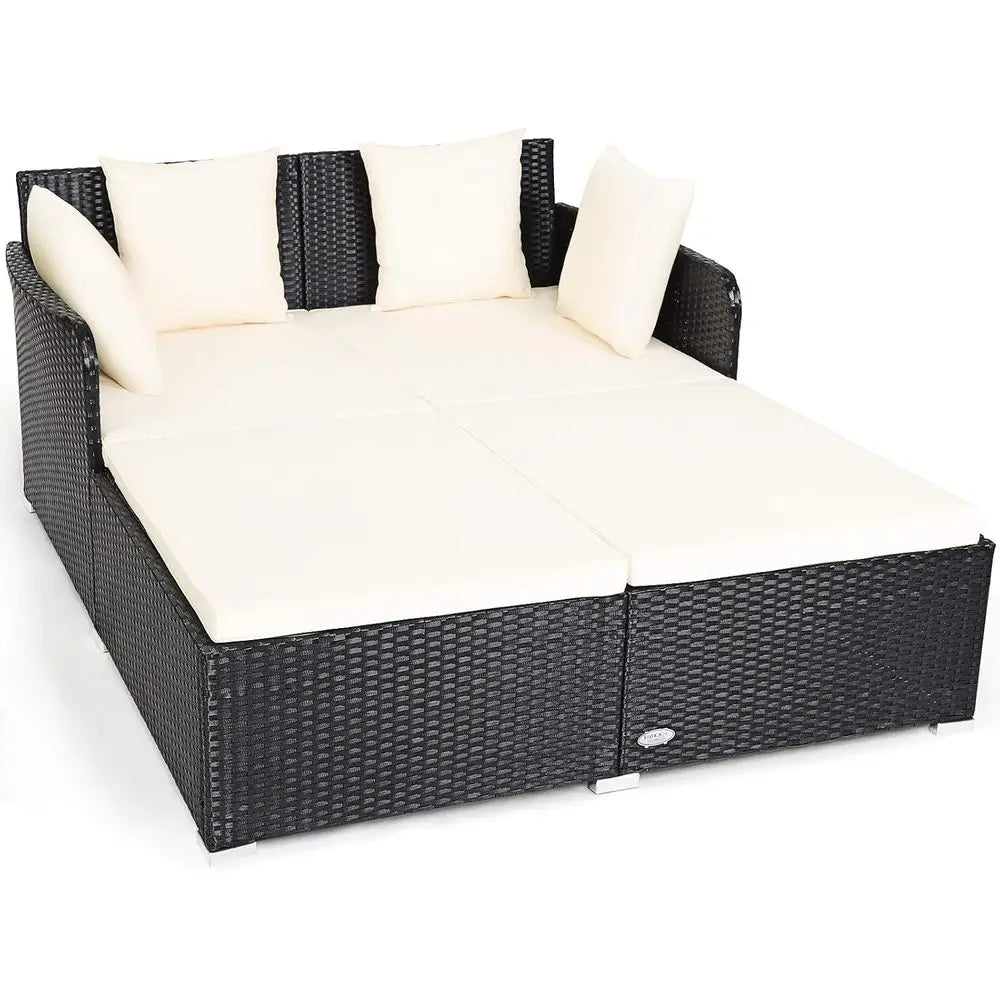 Rattan Daybed With Cushioned Loveseat And Pillows For Outdoor Patio Courtyard