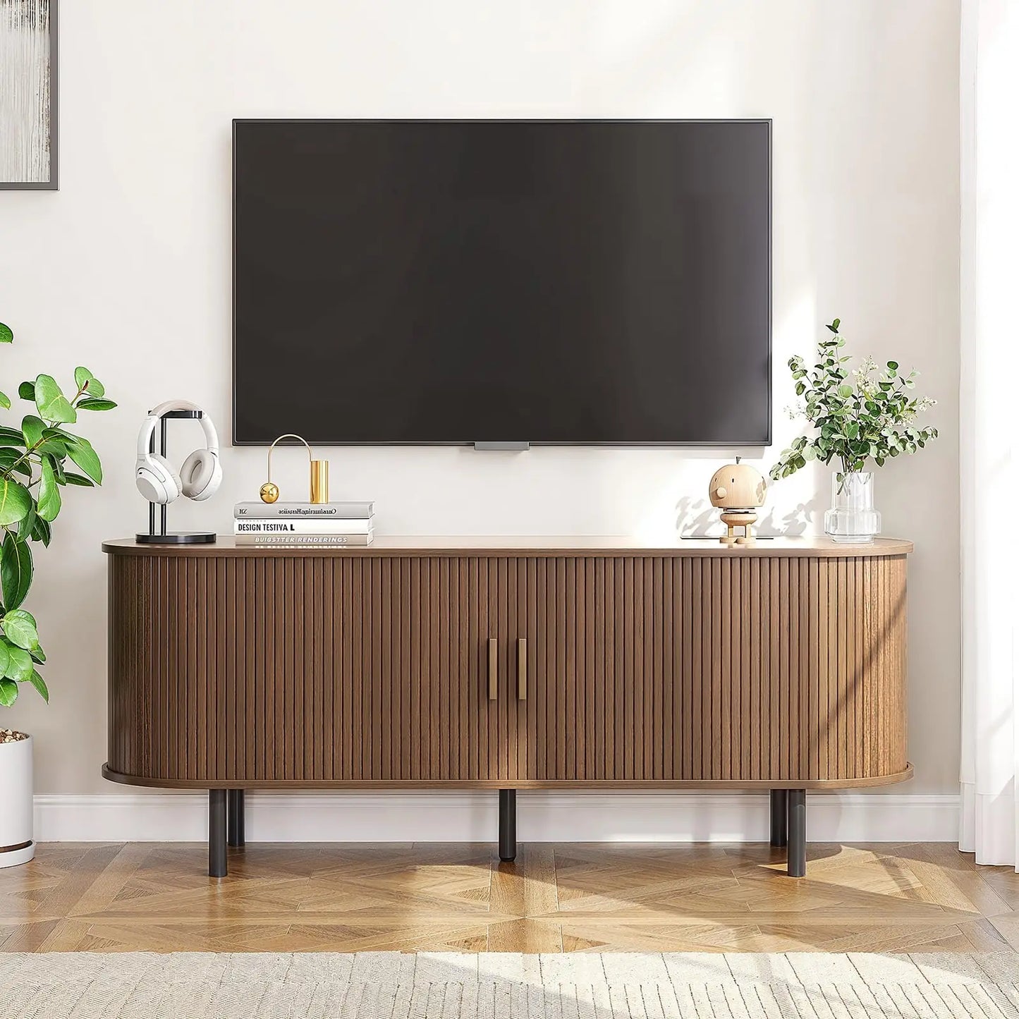 TV Stand With Power Outlet Sliding Doors Adjustable Shelves