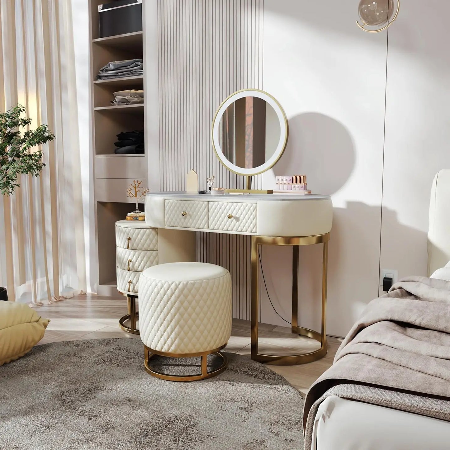 Modern Faux Leather Vanity Desk With HD Mirror And Lighting