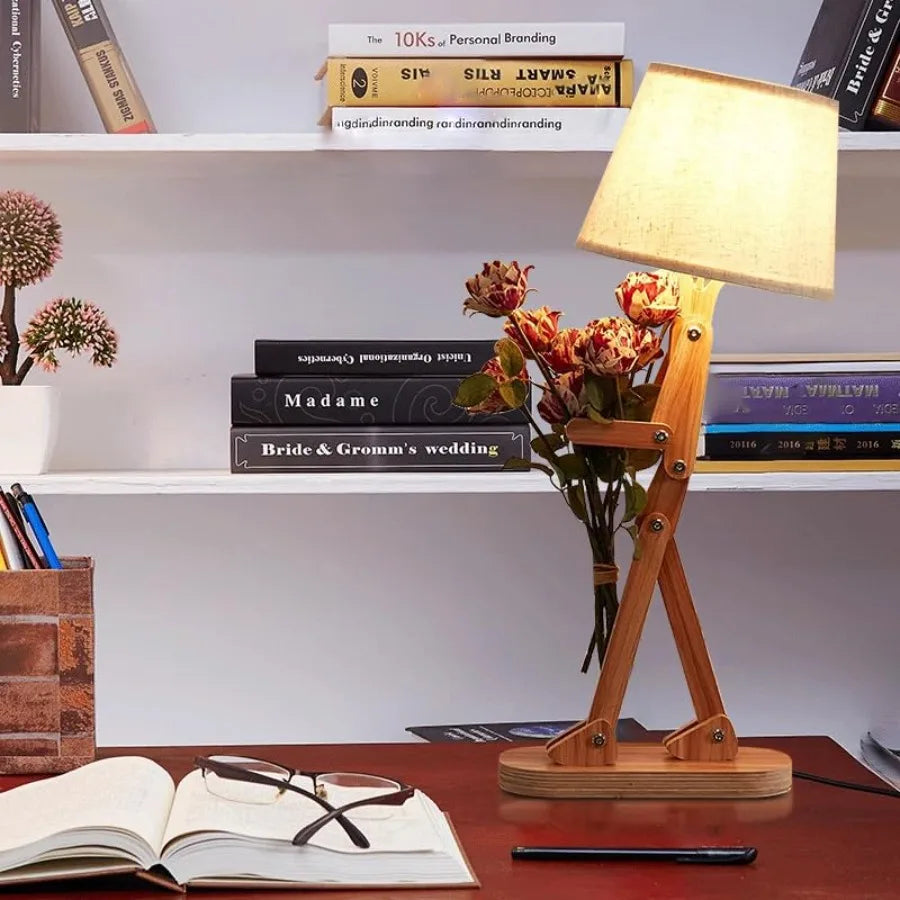Cute Desk Lamp Robot Themed Bedside Light With Wood Arm