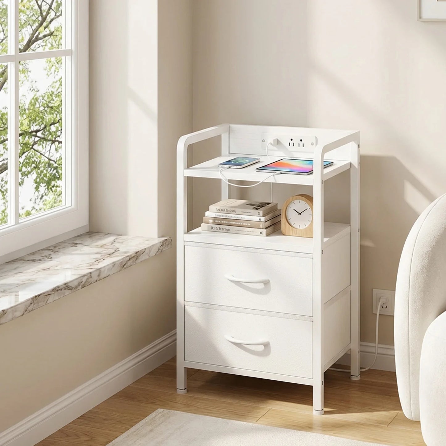 HiMISSD Industrial Patio Side Table With 2 Drawers And Charging