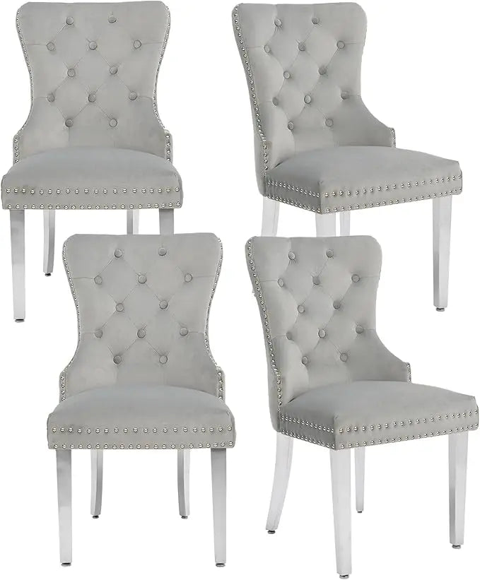 Velvet Tufted Dining Chairs With Pull Ring And Steel Legs