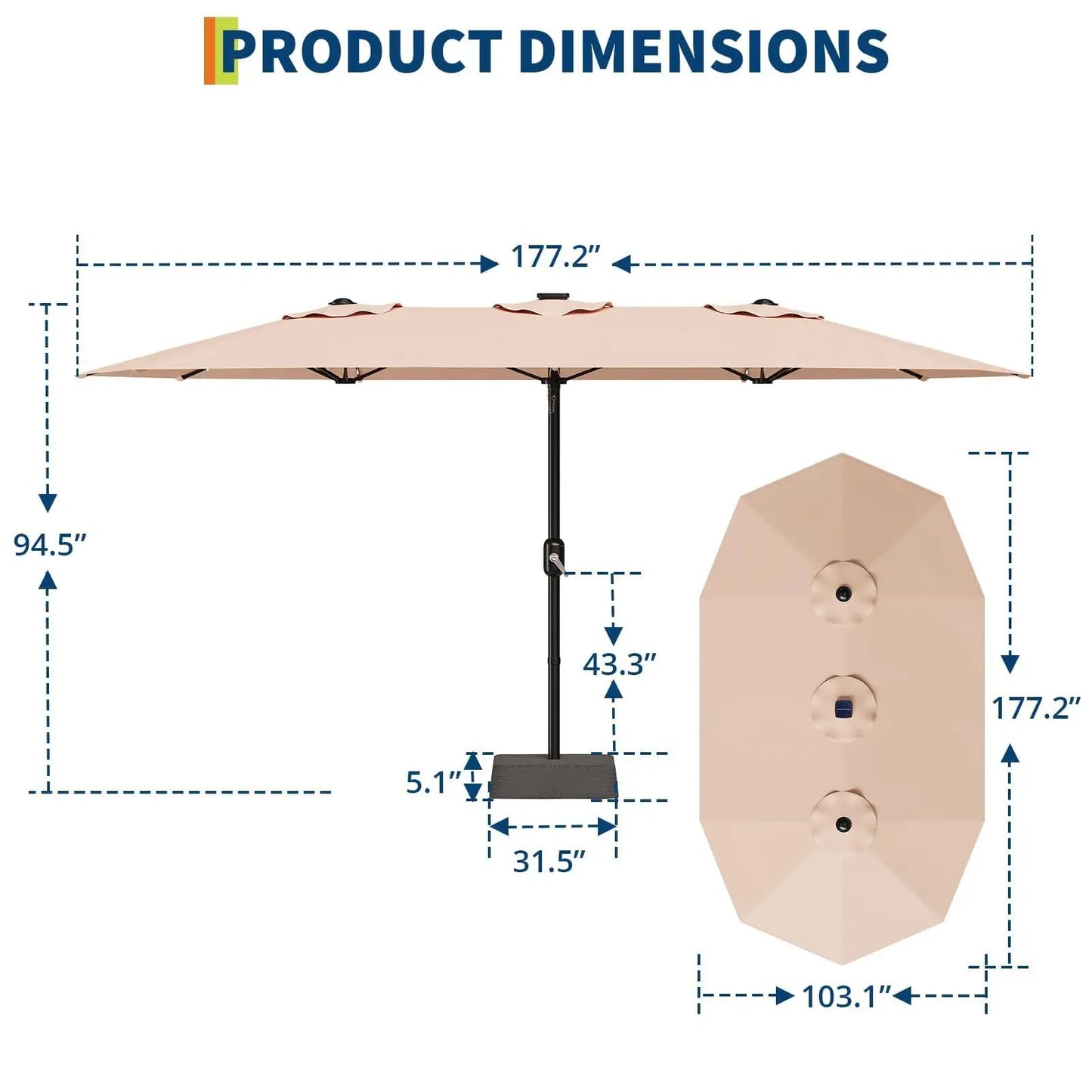 HiMISS Outdoor Patio Umbrella With Solar LED Lights Crank And Base