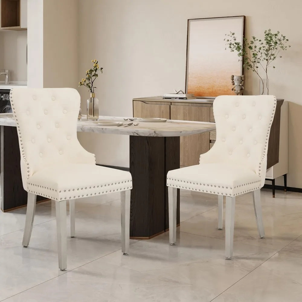 Velvet Tufted Dining Chairs With Pull Ring And Steel Legs