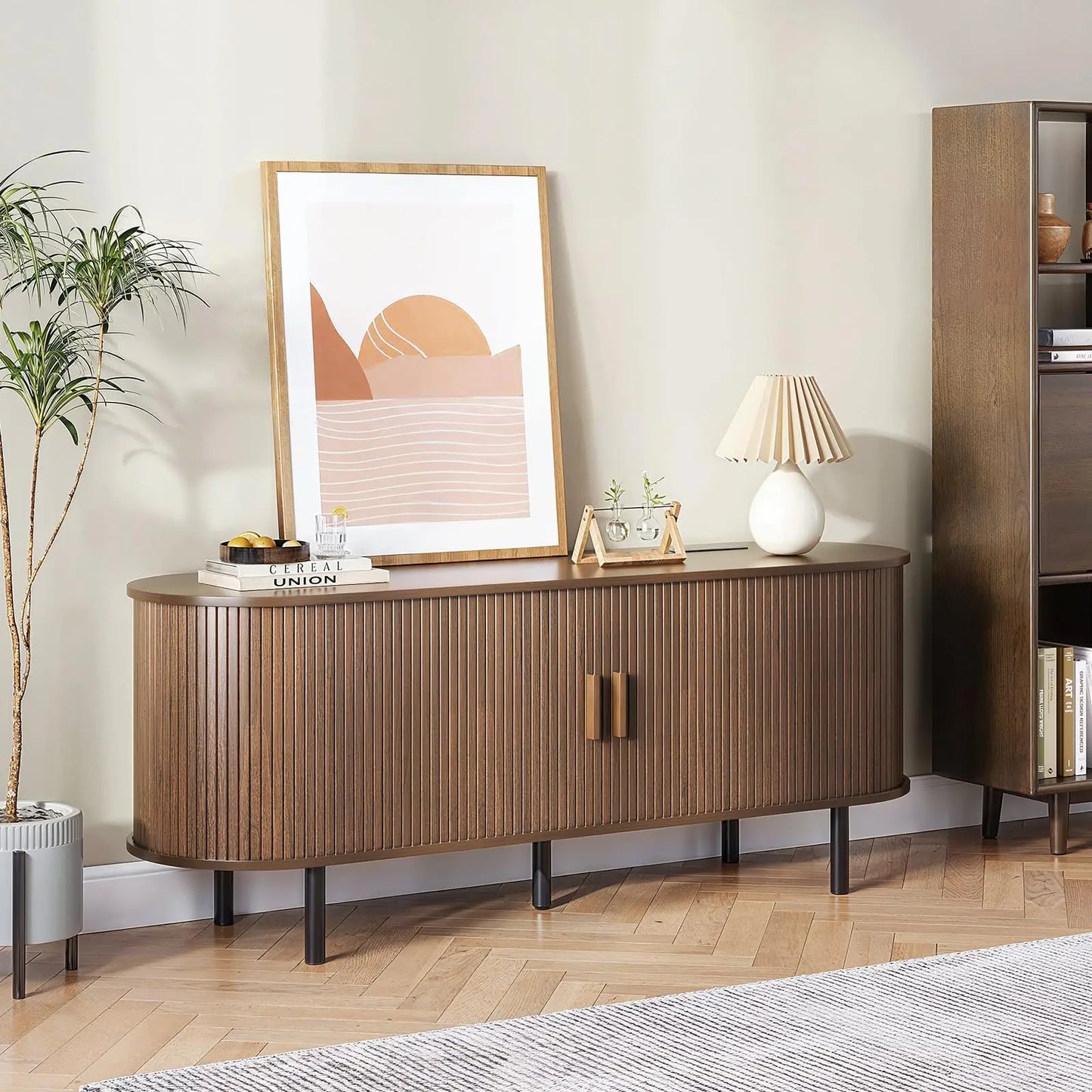 TV Stand With Power Outlet Sliding Doors Adjustable Shelves