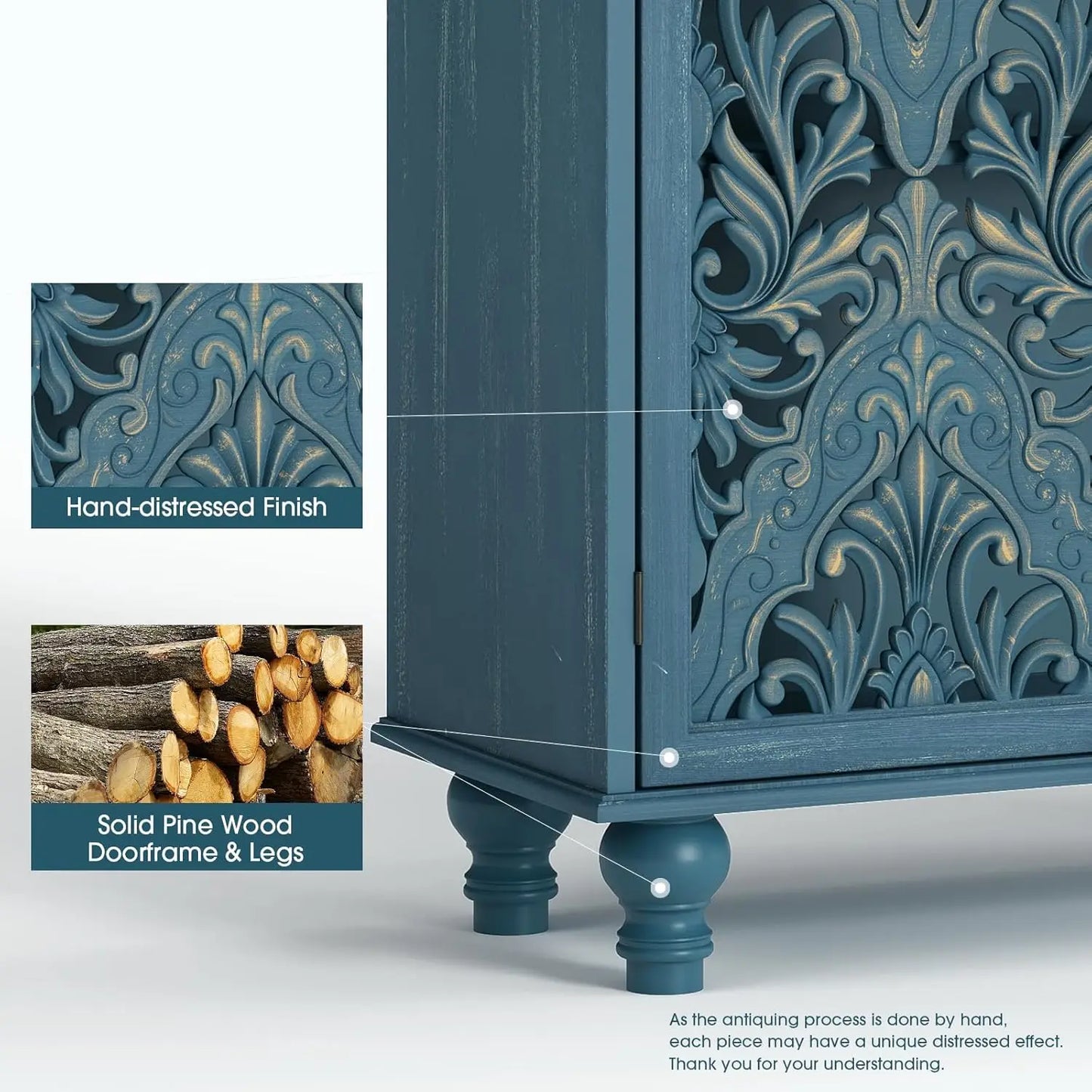 Mandala Carved Door Accent Cabinet With Solid Wood Legs Storage
