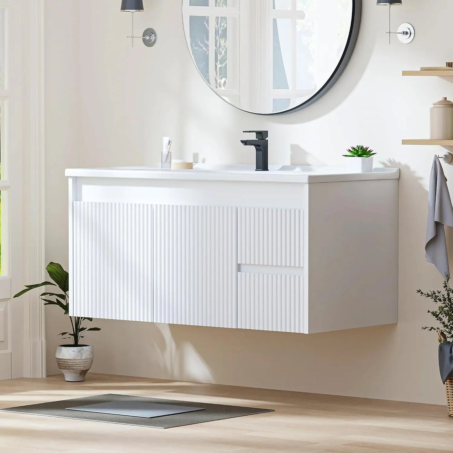 Floating Bathroom Vanity With Ceramic Sink Wall Mounted Storage