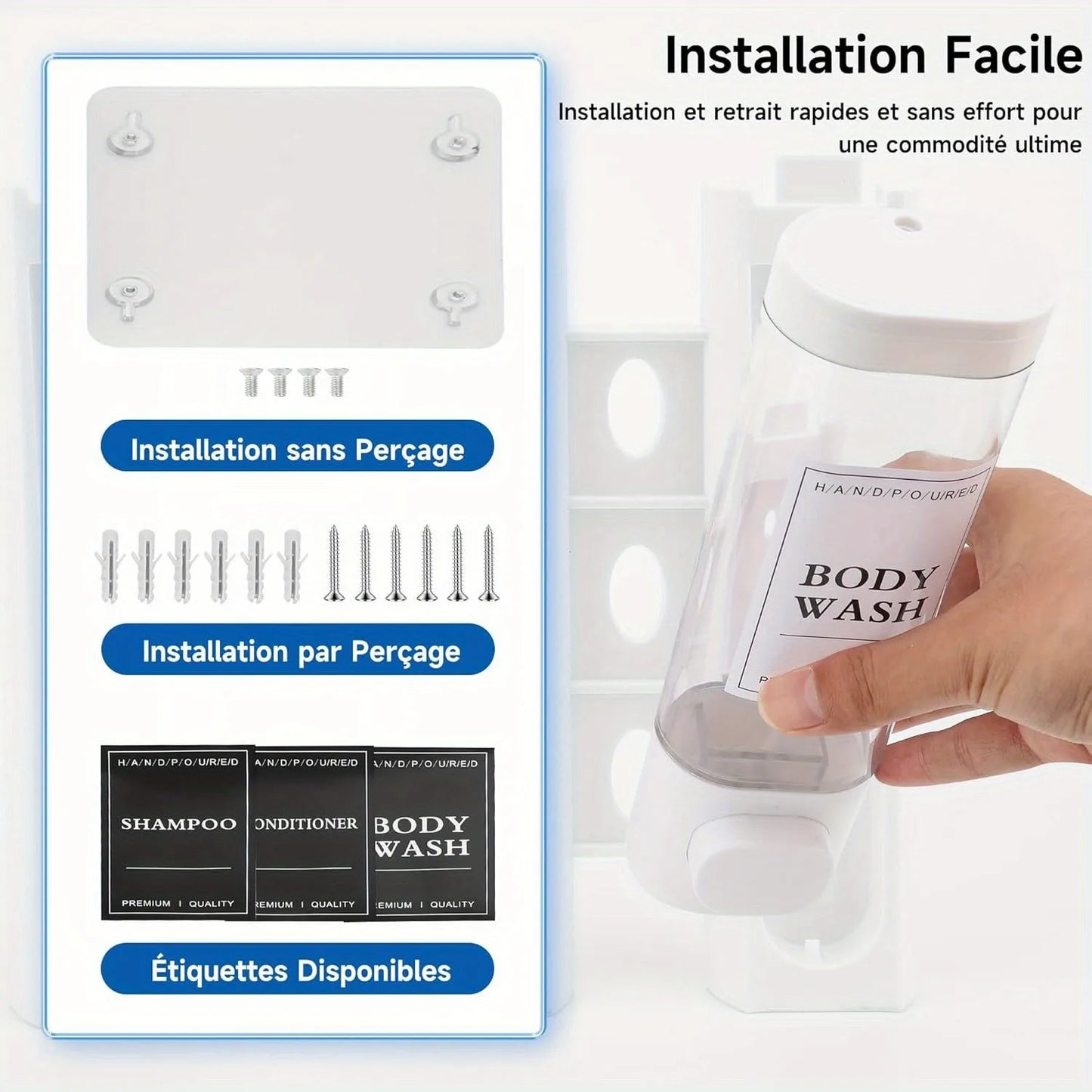 Wall Mounted 3-In-1 Shampoo Conditioner Soap Dispenser No Drilling ABS